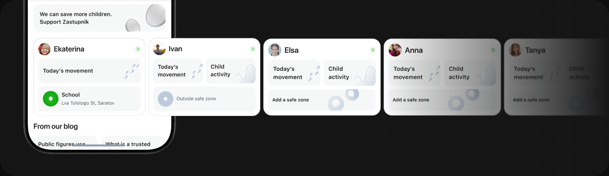 Child card variants for multiple children, missing activity, and safety zone states